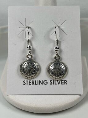 Solid Sterling Silver Concho Style Dangle Hook Style Earrings